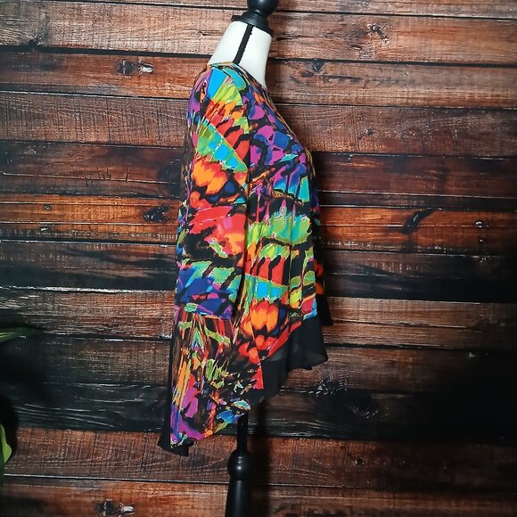 Peck & Peck Top PL Large Petite Hi Low 3/4 Sleeve Sheer Back Colorful Tunic - Picture 5 of 8